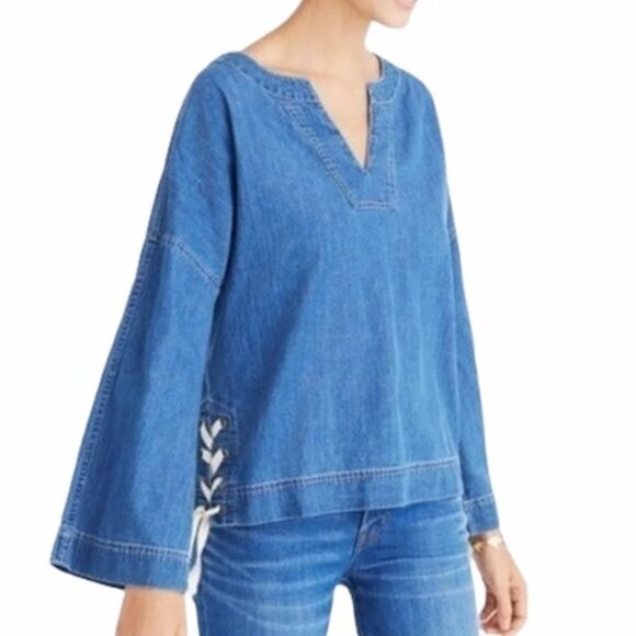 Madewell Lace-up Denim Top Medium Denim Wash - Picture 1 of 10